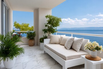 Obraz premium Outdoor balcony relaxing with ocean view and plants