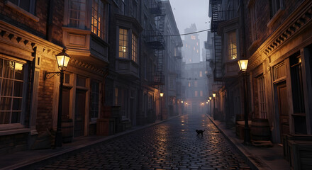 Obraz premium A serene view of an old narrow street at dusk with glowing street lamps and a black cat crossing the cobblestones