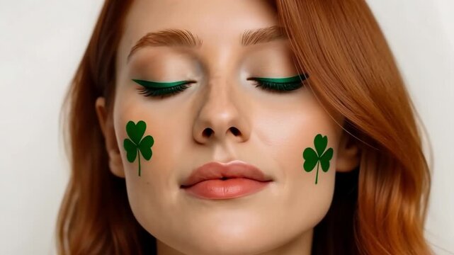 Woman with red hair and festive green shamrock face decals, with subtle movements for St. Patricks day makeup concept