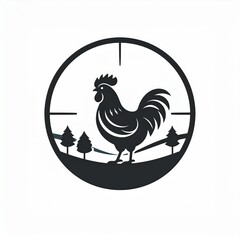 Obraz premium Black silhouette of a rooster inside a circle with a minimalist forest scene