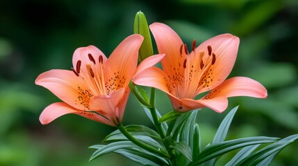 Obraz premium Two vibrant orange lilies blooming in a garden