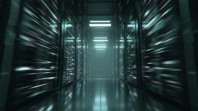 Highspeed digital data transfer in a modern server room with glowing lights and motion blur.