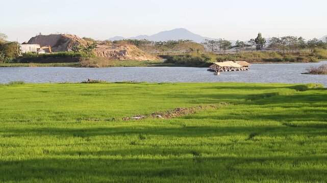 Sunset over Vo Xu River in Dong Nai Viet Nam Mother and Daughter in Rural Sence among green feild windy afternoon with bird singing background sound