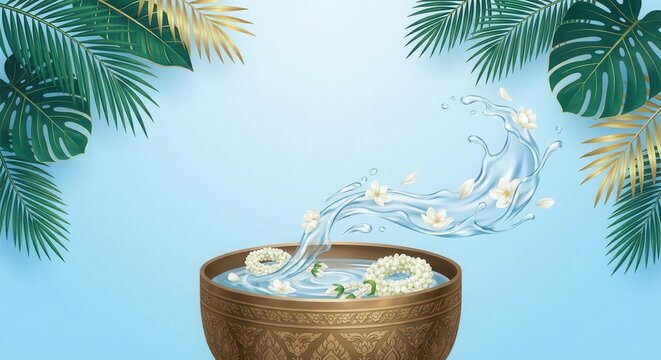 Songkran Festival water pouring ceremony with jasmine and rose petals in a traditional bowl.