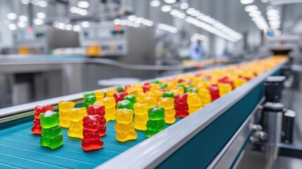 Fototapeta premium Modern Production Line in Factory with Colorful Candy on Conveyor Belt - Industrial Manufacturing Scene
