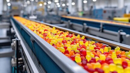 Vibrant Conveyor Belt of Colorful Gummy Candy in a Modern Production Facility