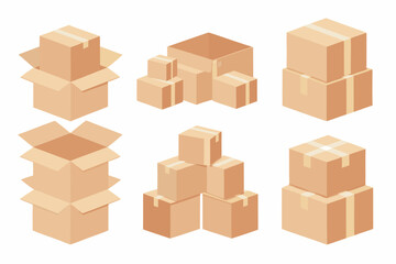 Fototapeta premium Isometric view of stacked and open cardboard boxes in various arrangements