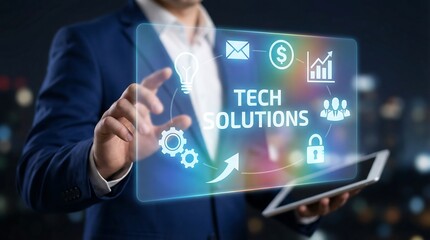 Innovative businessman presenting tech solutions on a tablet, symbolizing modern business growth and success. Ideal for technology, innovation, and professional development in a corporate setting.