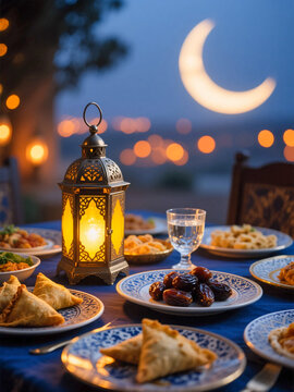 Collection of Ramadan Iftar Dinner Layouts with Arabic Coffee Lanterns and Mediterranean Food for Eid Mubarak