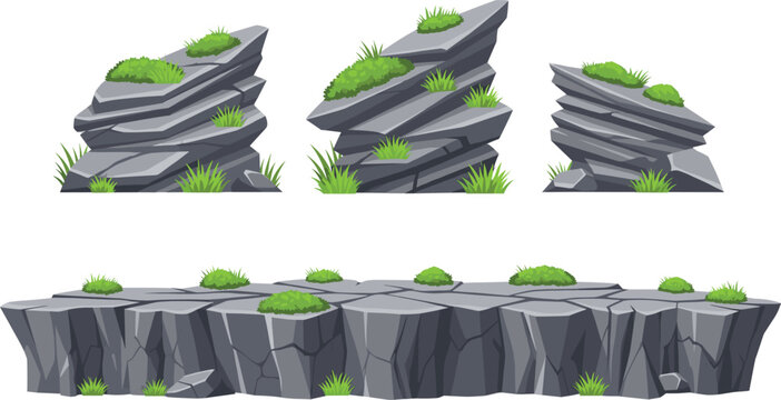 Layered rock cliff and stone platform vector set with grass for game environment and landscape design