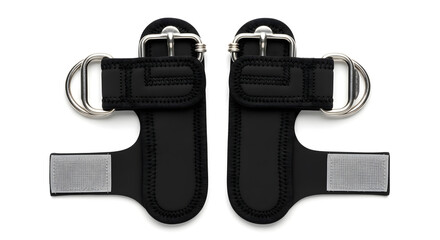 A pair of black adjustable ankle straps with metal D-rings and buckles for fitness resistance training, isolated on a white background