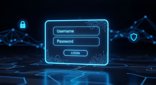 Modern neon blue digital login interface dashboard featuring secure username and password entry fields on a dark abstract background representing high-speed network connectivity and security.