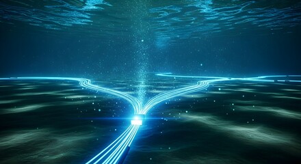 Underwater scene showing critical data cable lying on seabed with glowing connector and signal stream, symbolizing network infrastructure data flow. An underwater scene depicts a network of glowing, l
