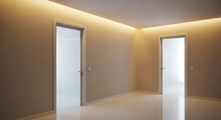 Contemporary minimalist hallway featuring dual frosted glass doors polished beige wall surfaces and a sleek reflective floor illuminated by soft warm ambient lighting in a luxury interior.
