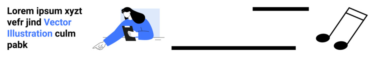 Graphic design, education, creativity, communication, music, abstract art. A woman pointing while holding a book, bold text a musical note. Education and creativity visual concept