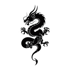 Naklejka premium A striking black silhouette of a traditional Chinese dragon with sharp claws and an open mouth, depicted vertically on a clean white background.