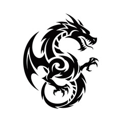 Naklejka premium A striking black tribal dragon silhouette with intricate swirling patterns and sharp claws, set against a white background.