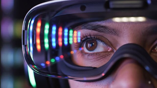 Close up of a person wearing virtual reality headset with colorful lights reflecting in the eye