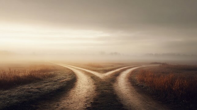 divergence. A conceptual image of a single path dividing into two roads in a misty landscape, symbolizing life choices and uncertainty. wellbeing guides.
