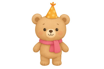 Fototapeta premium Cute cartoon teddy bear wearing party hat and scarf