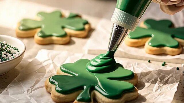 Hand applies green icing with a piping bag to a shamrock cookie on parchment paper during st patrick day celebration