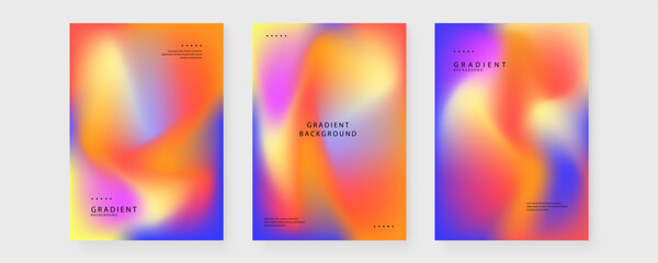 Three minimalist poster templates featuring warm orange pink and blue fluid gradients for seasonal advertising
