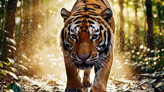 Majestic tiger strides down sunlit jungle trail.