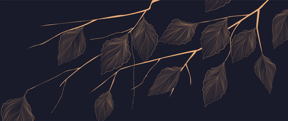 Art background with golden leaves on a branch in a hand-drawn line style. A botanical banner for decor, prints, textiles, posters, wallpaper, and packaging. © VectorART