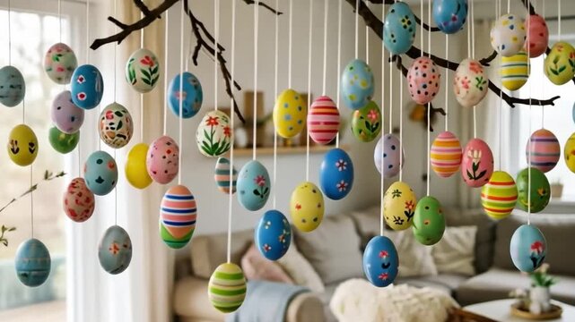 Colorful easter eggs hanging from branches for spring home decor. Celebration of resurrection of christ religious holiday.