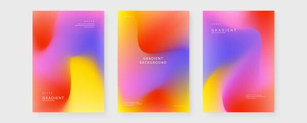Fototapeta premium Three vertical posters featuring warm sunset inspired mesh gradients with orange yellow and purple hues