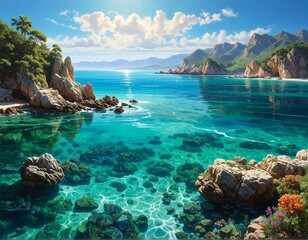 Serene Tropical Ocean Bay Landscape Scene.