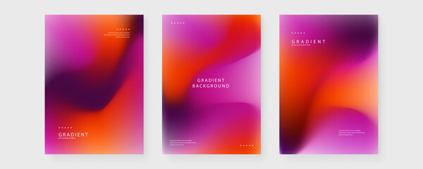 Fototapeta premium Collection of three abstract mesh gradient posters with fluid liquid shapes in vibrant purple orange and dark red tones