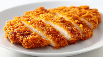 粗いパン粉の質感が食欲をそそる揚げたてでジューシーなチキンカツのクローズアップ