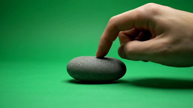 Hand Touching Stone on Green Background.
