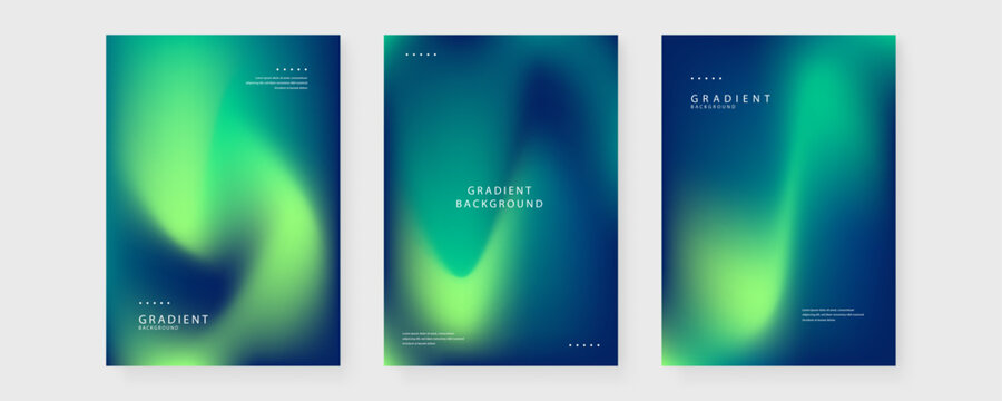 A professional set of three abstract mesh gradient poster templates featuring a sophisticated blend of lime green teal and navy blue colors