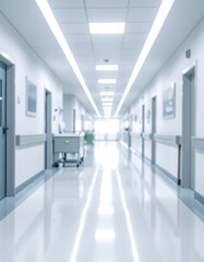 Obraz premium Blurry, long hospital hallway with doors, wall rails, and bright overhead lights