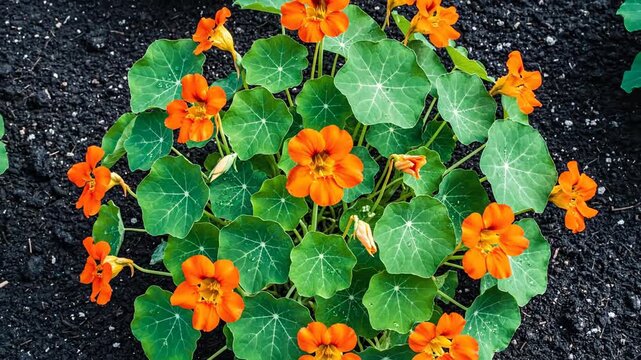 Vibrant orange nasturtium flowers blooming brightly amidst lush green foliage in a garden setting.