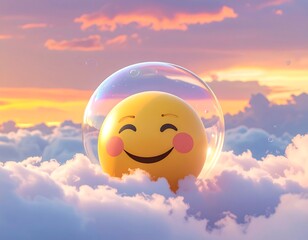 Smiling Emoji in Bubble Above Clouds at Sunset.