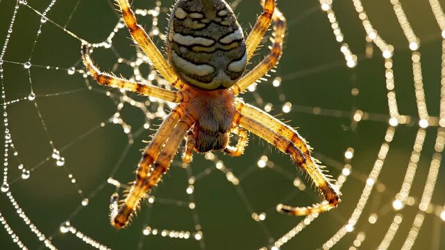 Close-up of a spider in its web showing intricate silk and colorful body pattern.