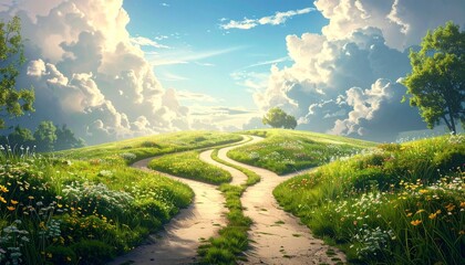 Obraz premium Serene Landscape with Winding Path and Clouds.