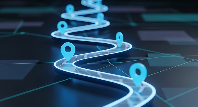 Illuminated digital navigation route featuring vibrant blue location marker pin on a futuristic dark abstract network background representing travel, logistics, global positioning, or map data.