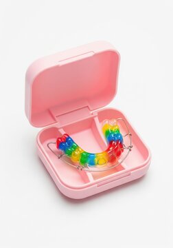Pink retainer case with colorful orthodontic plate for hygienic daily storage on white background