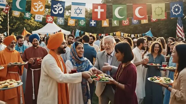 Diverse community gathering for cultural exchange and celebration outdoors with traditional attire and food