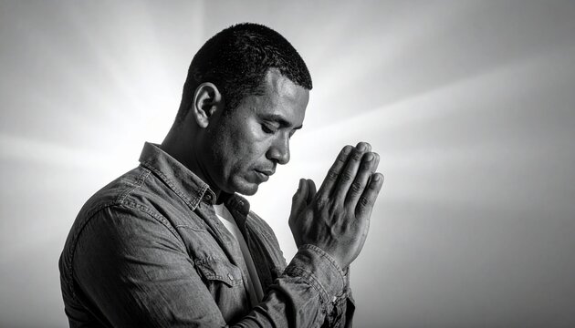 Man in prayer, eyes closed, hands clasped, in a moment of deep spiritual reflection and devotion.