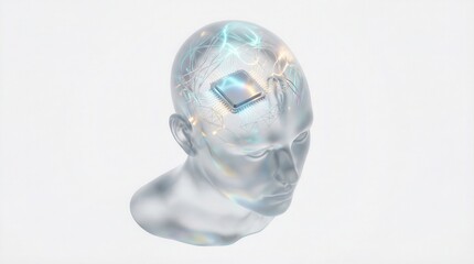 Human head with glowing neural circuits and implant suggesting AI integration