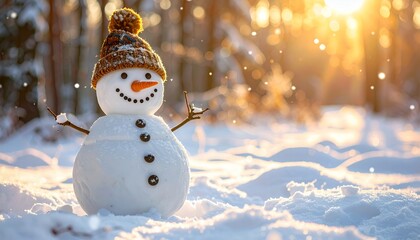 Obraz premium Smiling Snowman in Winter Wonderland with Golden Sunlight and Falling Snow.