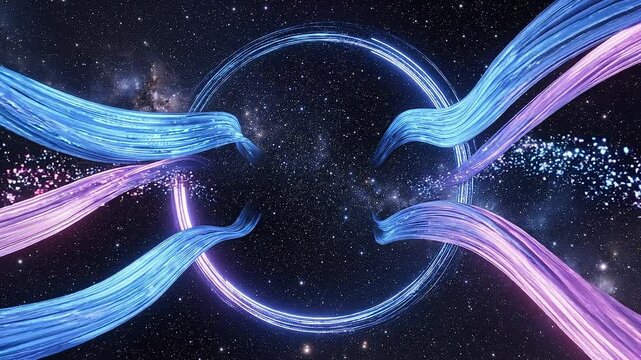 Cosmic vortex with flowing ribbons of blue and purple light