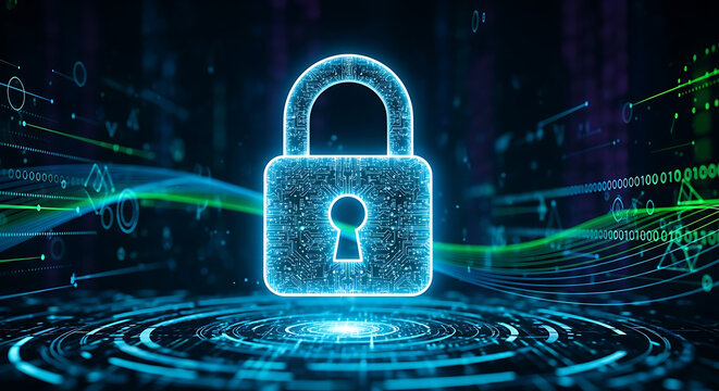 Luminous digital padlock with neon glowing edges on dynamic abstract tech background represents futuristic cybersecurity data protection and encrypted network safety protocols