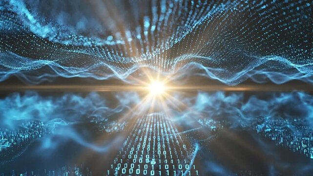 Digital data stream with glowing light at center, binary code below