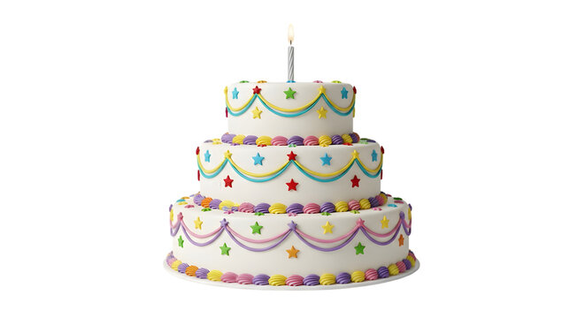 Colorful tiered birthday cake with decorative candles and festive icing patterns